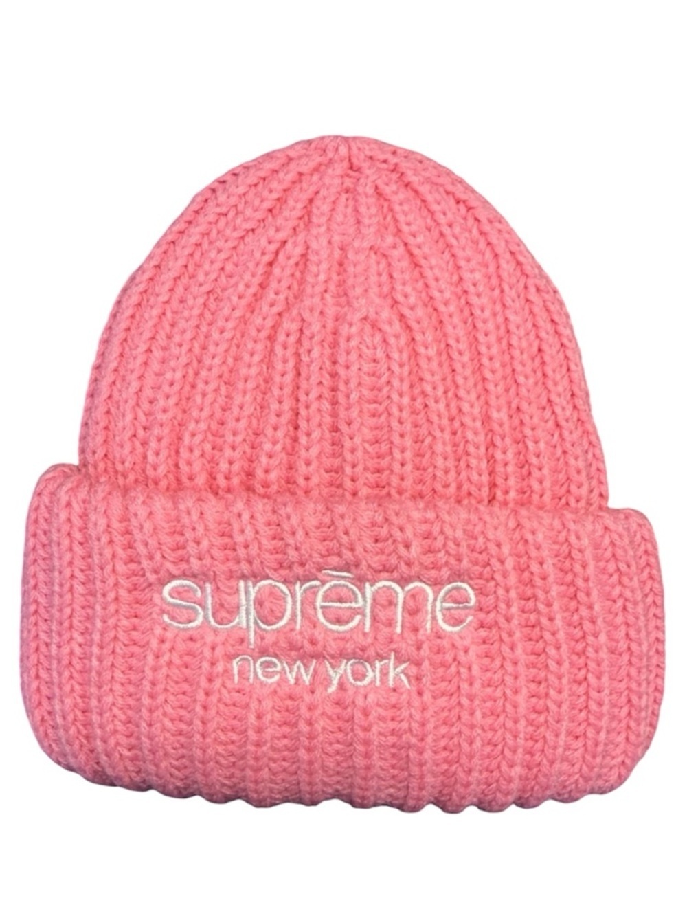 Supreme Pink Classic Logo Ribbed Beanie White Embroidery OS